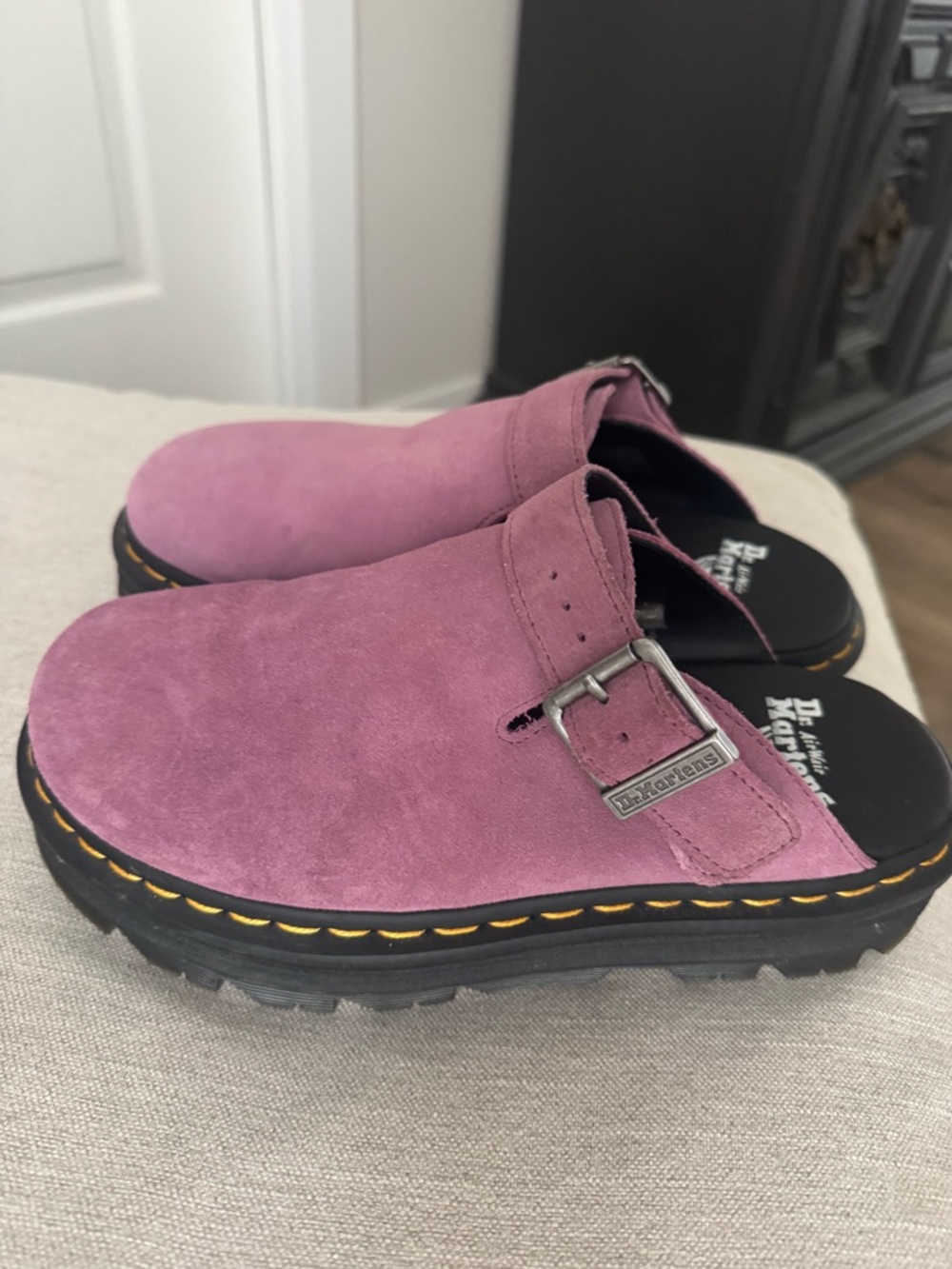 Dr. Martens Women's Mauve Suede Buckle Clog Mules - Picture 4 of 6